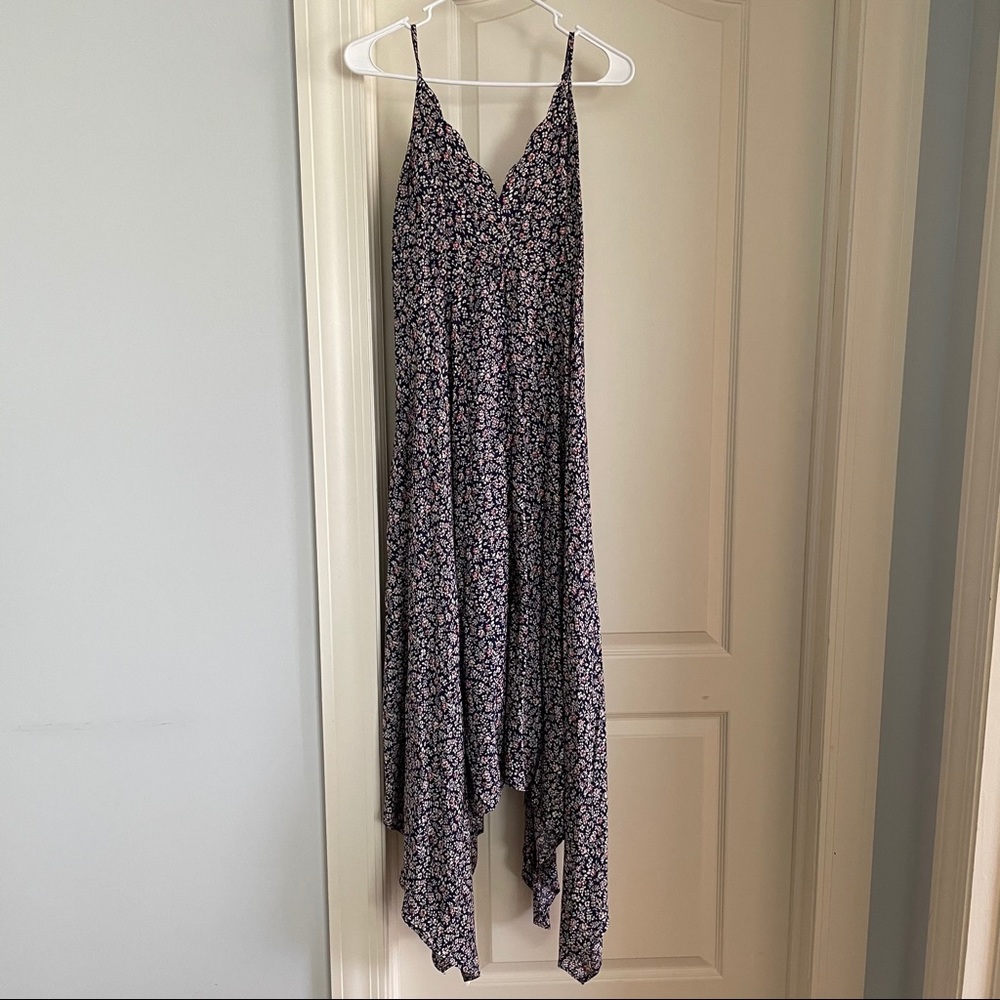 AQUA Navy Floral Scallop Flow Maxi Dress